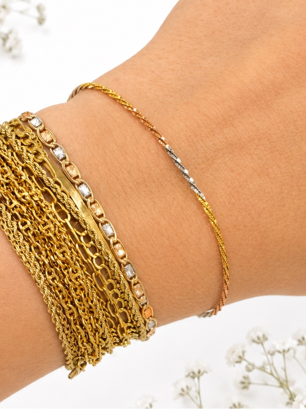 10k Tri Color Gold 6.5” Twisted Rock Link Bracelet NEW Made in Italy